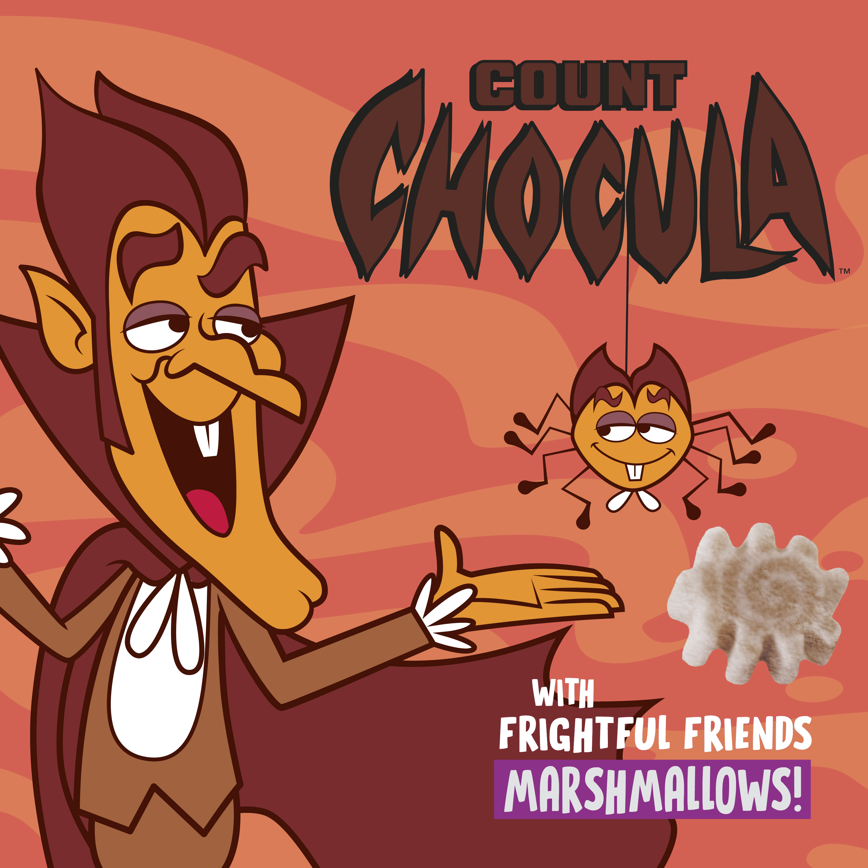 o	Count Chocula excitedly presenting his pet Igor the Spider alongside a spider-shaped marshmallow. The image reads "with Frightful Friends Marshmallows!" set against an orange two-toned background.